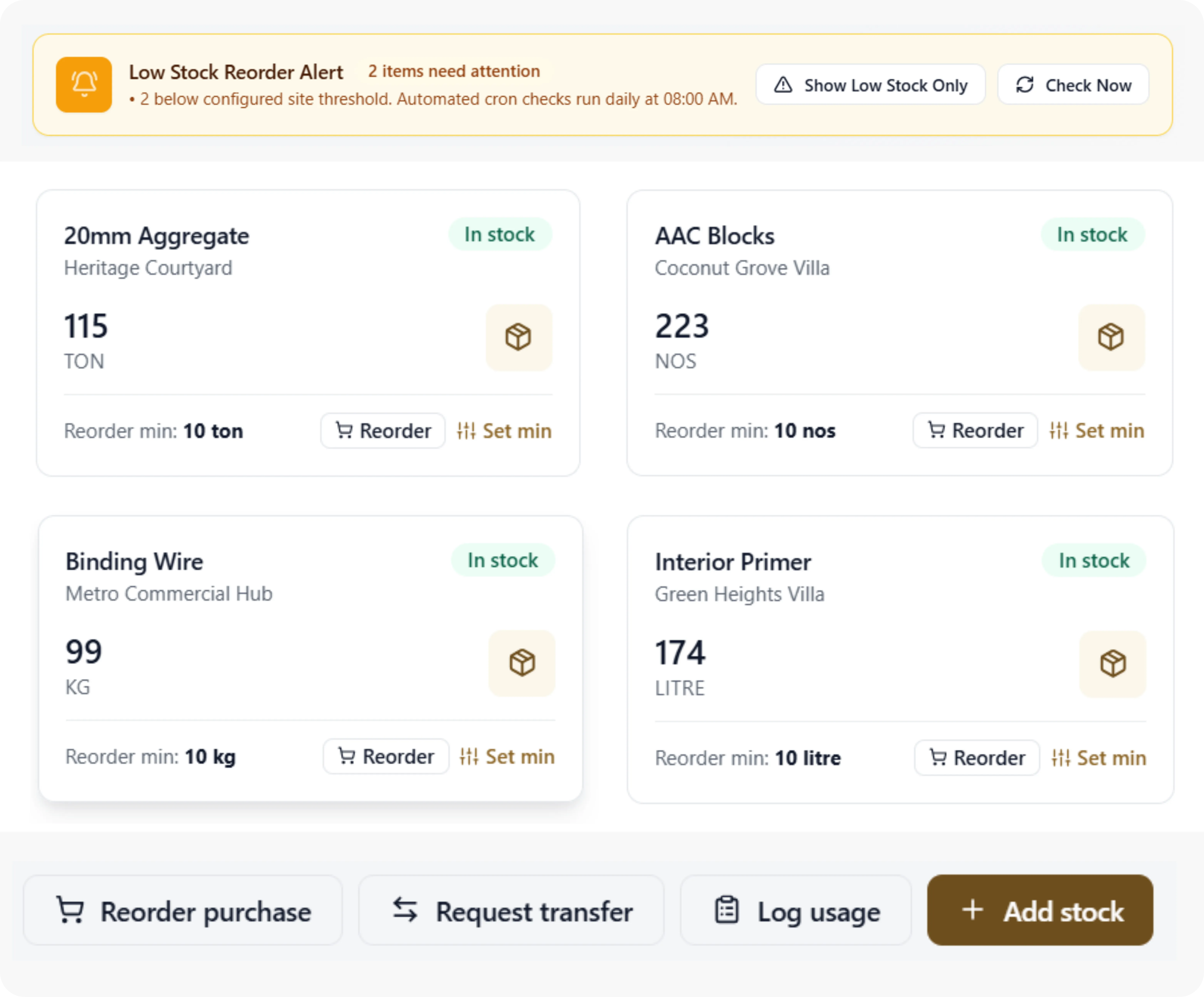 Materials stock ledger and delivery intake